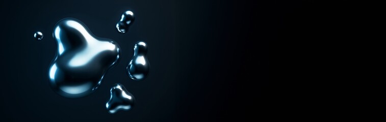 Wall Mural - abstract metallic liquid droplets with smooth reflective surface floating on dark gradient backgroun