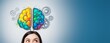 © Pixels Hunter - Colorful brain illustration above woman's head with gears and blue gradient background, symbolizing creativity and intelligence concept.