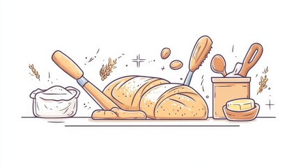 Wall Mural - a clean and modern vector icon illustration featuring an arrangement of bread-making accessories, including a rolling pin, dough scraper, and flour sack, surrounding gourmet culinary items such as a