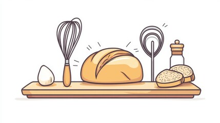 Wall Mural - a stylish vector icon featuring a collection of bakery tools, including a wooden rolling pin, a metal whisk, and a round banneton, surrounding a central element of a sliced artisanal loaf on a wooden