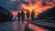 © Alifa Gallery - Industrial Silhouette: Workers Walking on Dock at Dramatic Sunset Scene Landscape