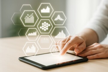 Wall Mural - business analytics technology interface with glowing hexagon icons and charts on touch tablet screen