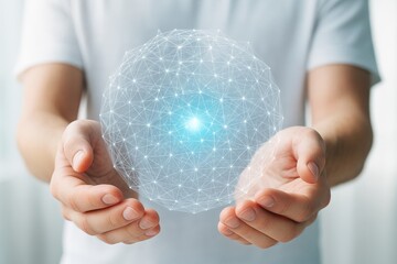 Wall Mural - person holding glowing digital sphere made of connected nodes and lines on soft white background, sy