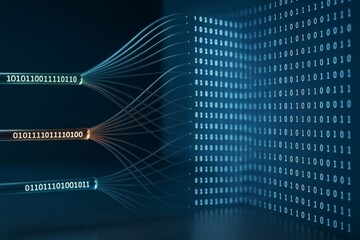 Wall Mural - binary code streams transferring digital data in light tubes on dark background, symbolizing abstrac