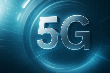 Wall Mural - 5g futuristic communication concept with glowing metallic letters on digital tech blue background wi
