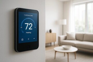 Wall Mural - Modern smart thermostat interface mockup on wall in bright minimalist living room for home automation display and clean technology presentation. Ai generative