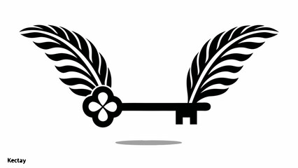 Wall Mural - Illustration of a black key with a flower shaped head and wings on either side on a white background