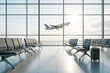 © Pixels Hunter - Airplane taking off seen through large airport windows with empty seats and luggage in bright morning light background. Ai generative.