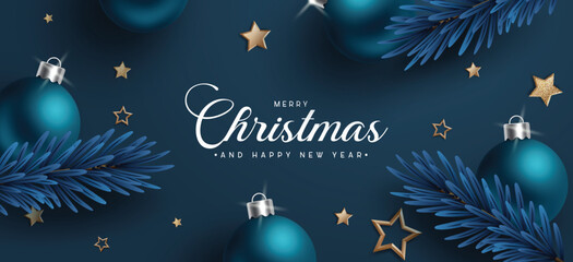 Wall Mural - Merry Christmas blue greeting card clipart banner. Merry Christmas and happy new year greeting text clip art with pine tree leaves and bauble elements in gold star background for xmas holiday banner 