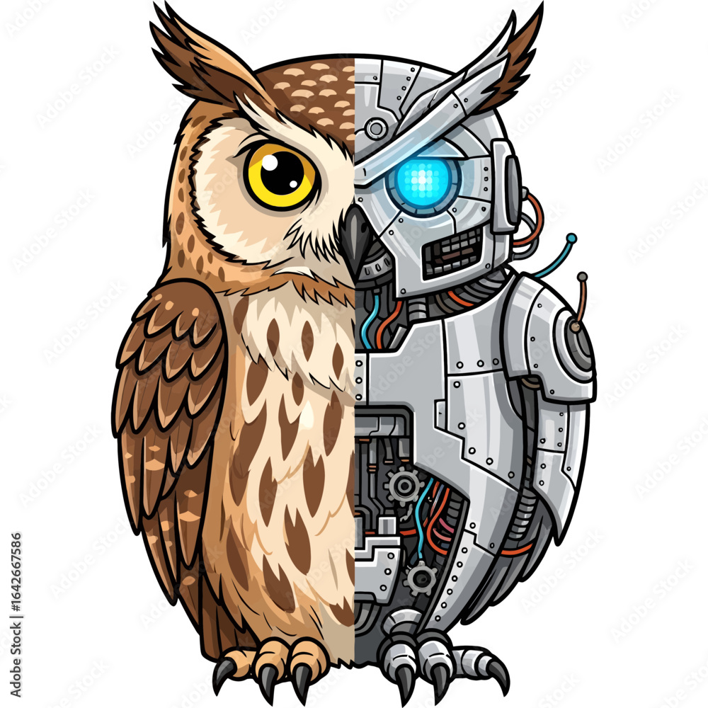 Futuristic bionic owl, half organic animal and half advanced robot, symbolizing the fusion of nature and technology.