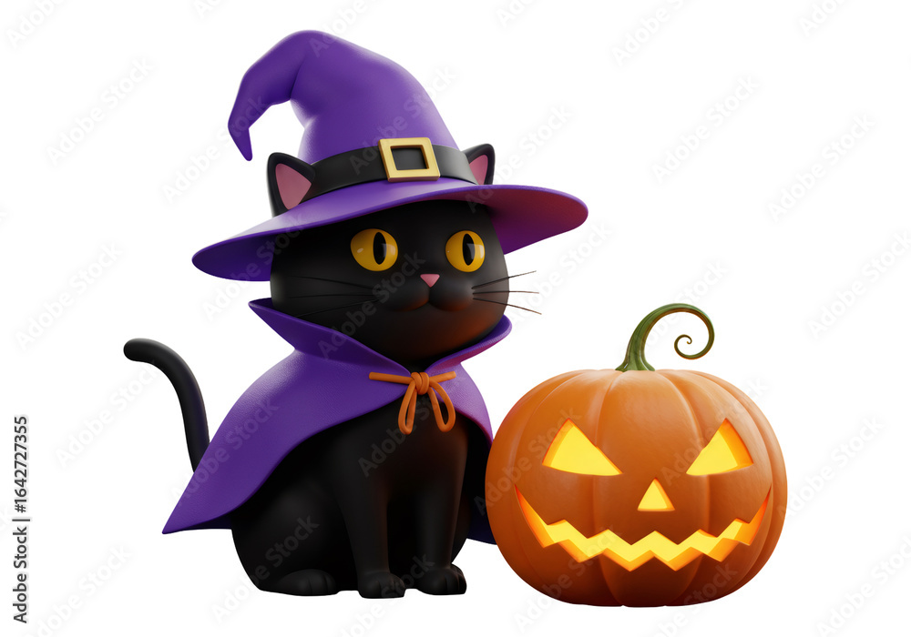 紫色の帽子とカボチャが付いたハロウィンの黒猫 透明な背景に面白い