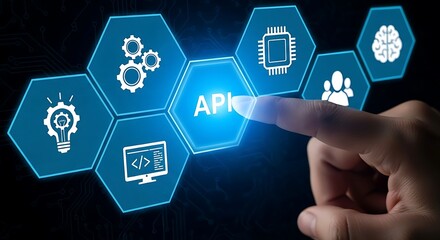 A hand touching a glowing hexagonal interface displaying APK, surrounded by technology-related icons.