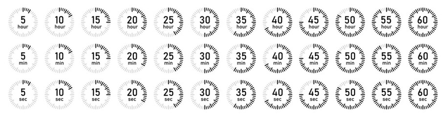 Circular hour, minute and second timer icons set. Ideal for infographics, countdowns, and time management visuals. Isolated vector illustration.