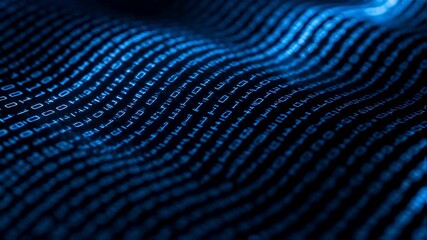 Wall Mural - Abstract blue binary code rippling across a dark background showing data flow footage
