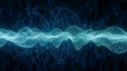 Wall Mural - Abstract digital sine wave visualization with sound data elements and binary code patterns in blue light background, technology animation.