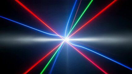 Wall Mural - Colorful laser beams intersecting with bright light flare in abstract digital space creating dynamic futuristic visual footage.