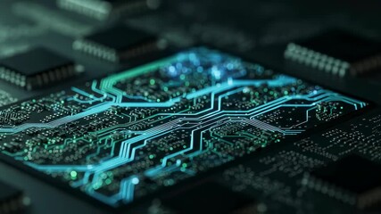 Wall Mural - Digital circuit board with glowing light animation representing data flow for technology and science footage.