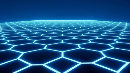 Wall Mural - Pulsing blue hexagonal grid pattern extending into the horizon. Abstract light network for technology background. Futuristic video footage.