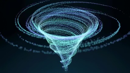 Wall Mural - Abstract spiral of glowing particles rotating and forming a data vortex, representing light, code, and digital information flow animation.