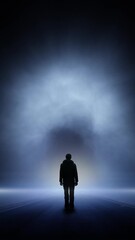 Wall Mural - artistic smoke night landscape with man silhouette loop vertical background.