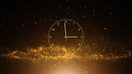 Sticker - analog time clock on loop golden flickering particles copy space animation background.
