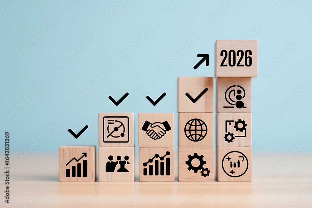 Wooden blocks stacked with icons representing business growth ...