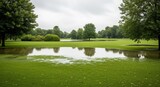 A large puddle of floodwater covers a green public park on an overcast day.