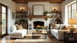 © Angel Pic - Rustic living room interior design with a cozy fireplace, comfy off-white sofa, and wooden shelving units displaying decorative items and books.