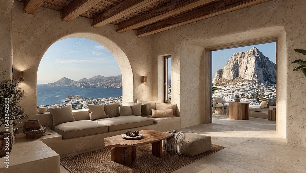 Stunning Mediterranean living room with panoramic views Stock Photo ...