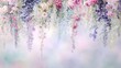 © SilentSmog - A delicate floral backdrop with pastel flowers in shades of pink, purple, and blue hanging from top to bottom. The background is softly blurred and has a dreamy feel to it.