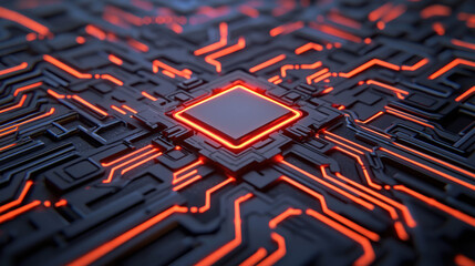 Wall Mural - abstract digital circuit design focused on microchip with glowing red lines against dark background 