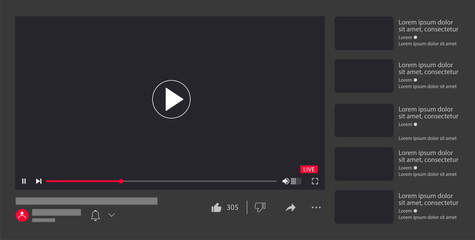 Multimedia video player with play button, play video window with navigation icons, video streaming frame on internet, modern social media video player interface template live digital stream
