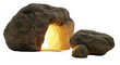 © Thomas - Ancient rock cave entrance with intricate earthy textures, large boulder rolled aside revealing intense warm golden light on a white studio background, visual metaphor for unlocking potential