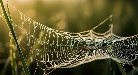 Dewdrops adorn intricate spiderweb in soft morning sunlight