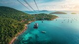 View of longest cable car ride in the world, Phu Quoc island, Vietnam. Below is seascape with tropical islands and boats.