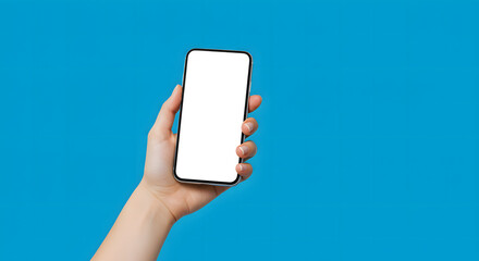Hand holding smartphone with blank white screen on bright blue background, mockup for app or website presentation.
