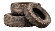 © Ameer - Vertical stack of three old worn-out tires, high-resolution realistic PNG cutout on transparent background — isolated automotive scrap with grunge texture for recycling themes, mechanic garage visuals