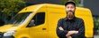 © Khat - The confident delivery man standing proudly in front of a yellow van.