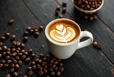 A pristine white lungo cup filled with aromatic coffee, adorned with latte art, sits on a rustic black table, surrounded by scattered coffee beans,  creamy,  morning coffee