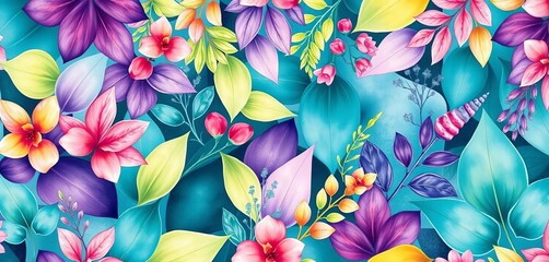 Wall Mural - Vibrant teal, purple, pink & yellow-green watercolor leaves & plants, rustic vintage seamless pattern, yellow, art