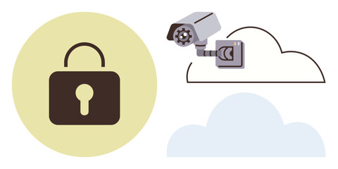 Poster - Padlock in a yellow circle and surveillance camera over layered cloud shapes represent digital security. Ideal for cybersecurity, online privacy, cloud storage, data protection, surveillance, safety