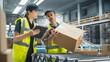 © Gorodenkoff - Caucasian Female Stocking Associate And Male Warehouse Worker Talking, Using Tablet In Logistics Facility. Woman Using Barcode Reader, Man Loading Cardboard Boxes On Automated Conveyor Belt
