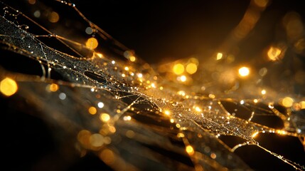 Glistening spider web with golden dewdrops against dark warm bokeh lights background, intricate details creating magical nature-inspired scene.