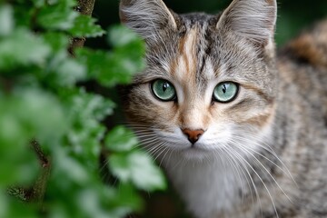 closeup portrait of green eyed tabby cat with orange and brown fur, peeking through green foliage