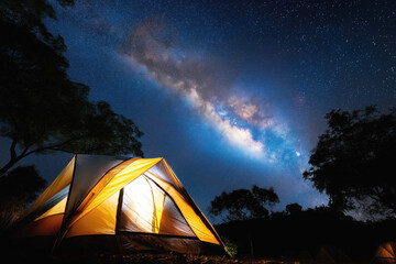 Wall Mural - Yellow tourist tent in the forest under starry sky with stars and the Milky way at night. Panorama landscape with colorful night sky