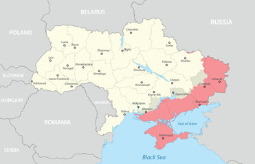  A detailed political map of Ukraine highlighting disputed regions in red
