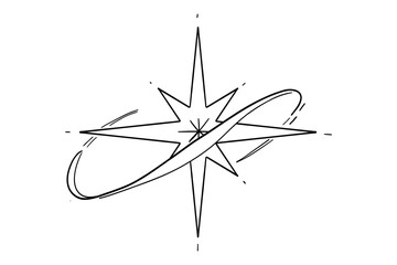 Wall Mural - Abstract y2k line star, tattoo aesthetic doodle or sketch. Sparkle swirl silhouette line light, move, trail. Retro space orbit geometric 