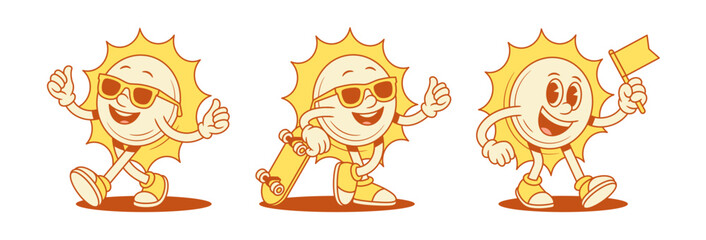 Wall Mural - Funky smiling yellow sun cartoon character set contoured vector flat illustration. Happy cute adorable summer sunlight sunshine vacation mascot in sunglasses with skateboard and flag