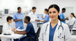© Atizaz  - Female doctor smiling in hospital with medical professionals working in the background