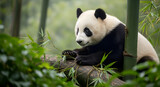 A panda sits on a tree branch eating bamboo leaves calmly
